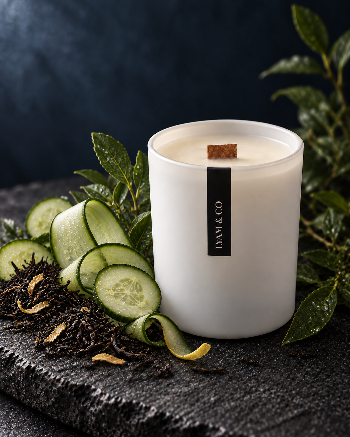 Bougie LYAM & CO blanche à languette noire, entourée de thé Earl Grey et de fines tranches de concombre.