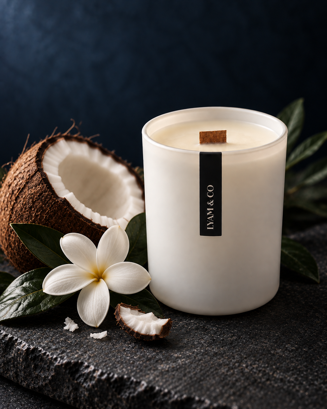 Bougie LYAM & CO blanche à languette noire, avec noix de coco et fleur blanche.