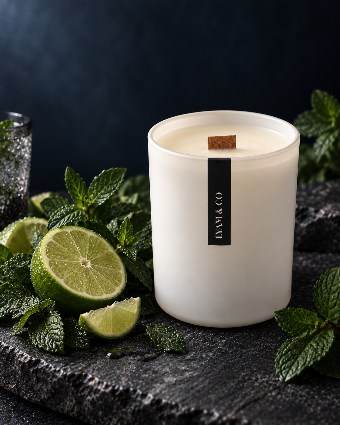 Bougie LYAM & CO blanche à languette noire, placée parmi de la menthe et du citron vert.