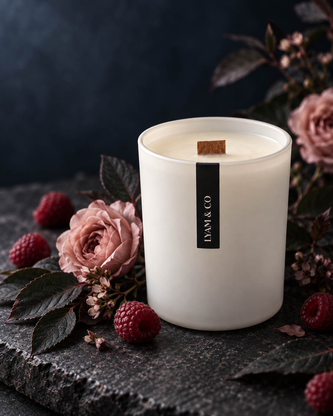 Bougie LYAM & CO blanche à languette noire, entourée de fleurs roses et de framboises.