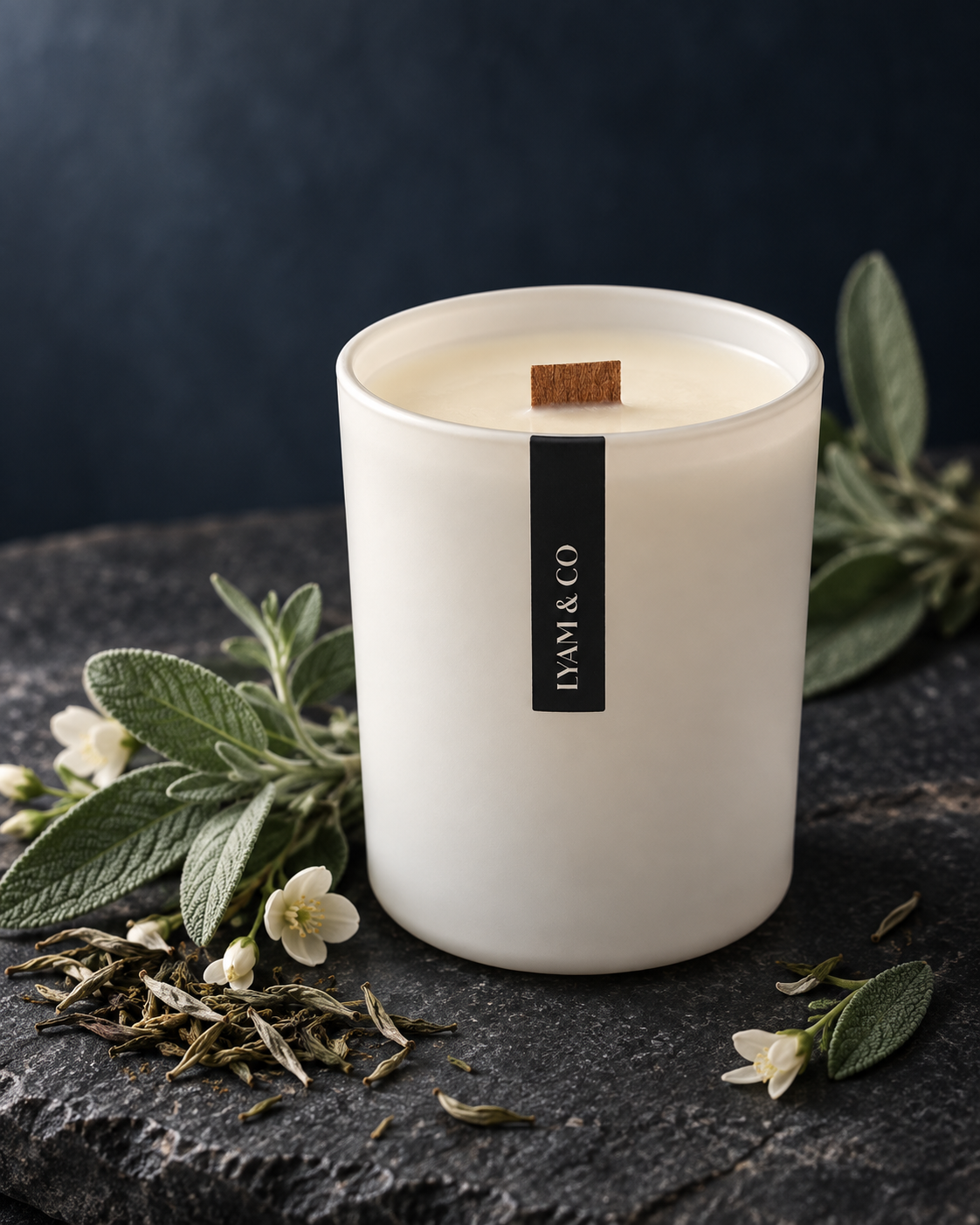 Bougie LYAM & CO blanche à languette noire, avec feuilles de sauge et thé blanc.