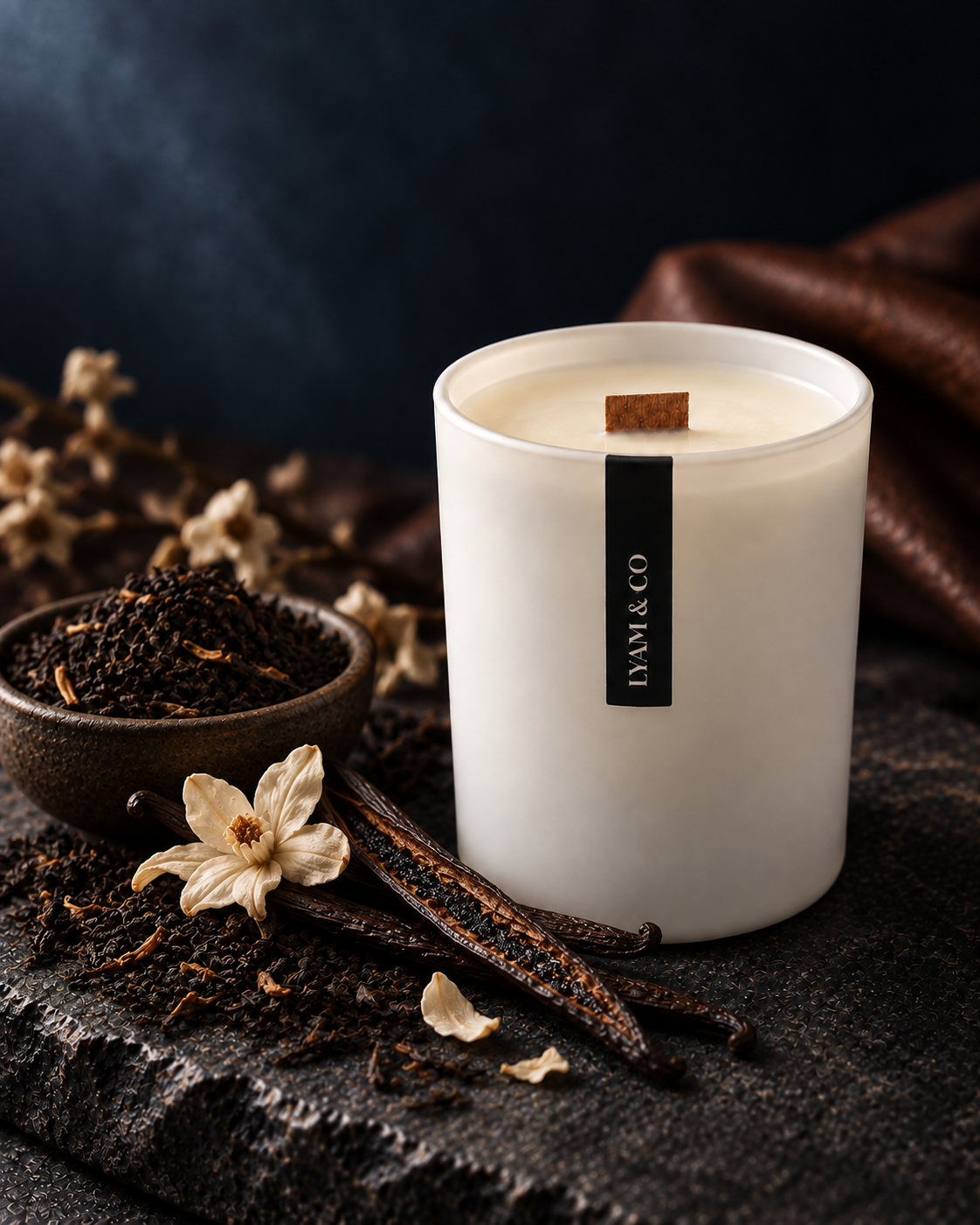 Bougie LYAM & CO blanche à languette noire, avec thé noir et gousses de vanille.
